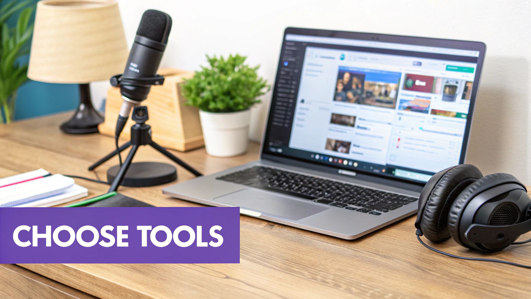 A modern recording setup on a wooden desk with a laptop, microphone, headphones, and office supplies.
