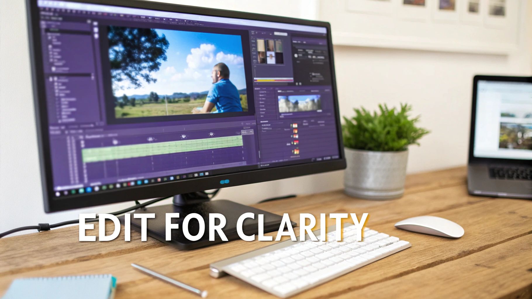 A video editor's desk with a large monitor displaying editing software and 'EDIT FOR CLARITY' text.