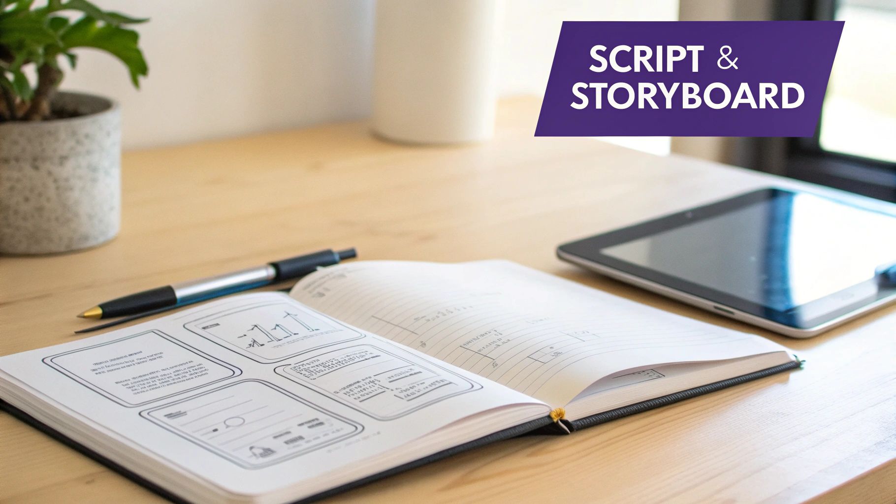 Open notebook with script and storyboard layouts, a pen, and a tablet on a wooden desk.
