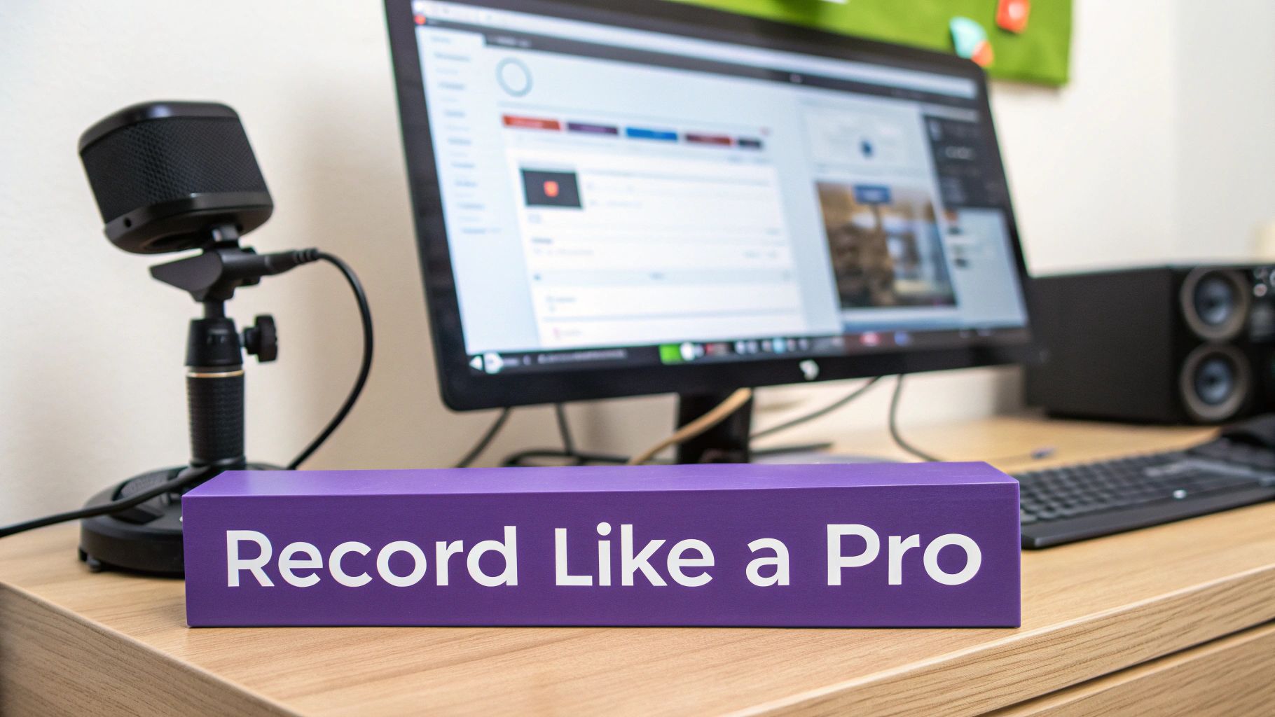 A recording setup featuring a microphone, computer screen, and a purple box saying 'Record Like a Pro'.