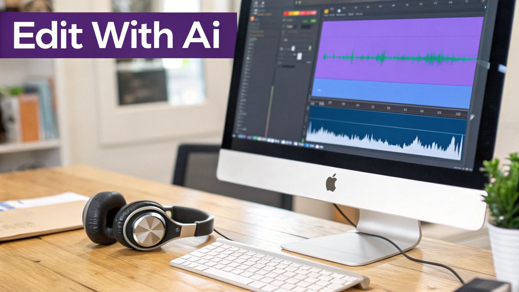 A computer on a wooden desk displays audio editing software, with headphones and a keyboard. Text overlay says 'Edit With Ai'.