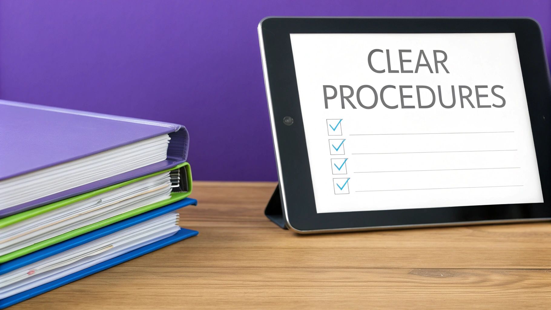 A tablet displaying 'CLEAR PROCEDURES' with a checklist, next to colorful binders on a wooden desk.