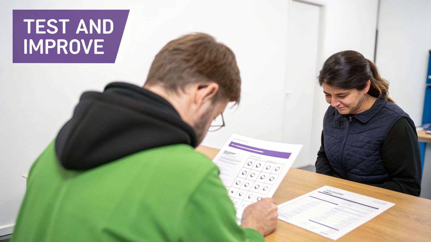 A man in green fills out a test document while a woman observes, with 'TEST AND IMPROVE' text.