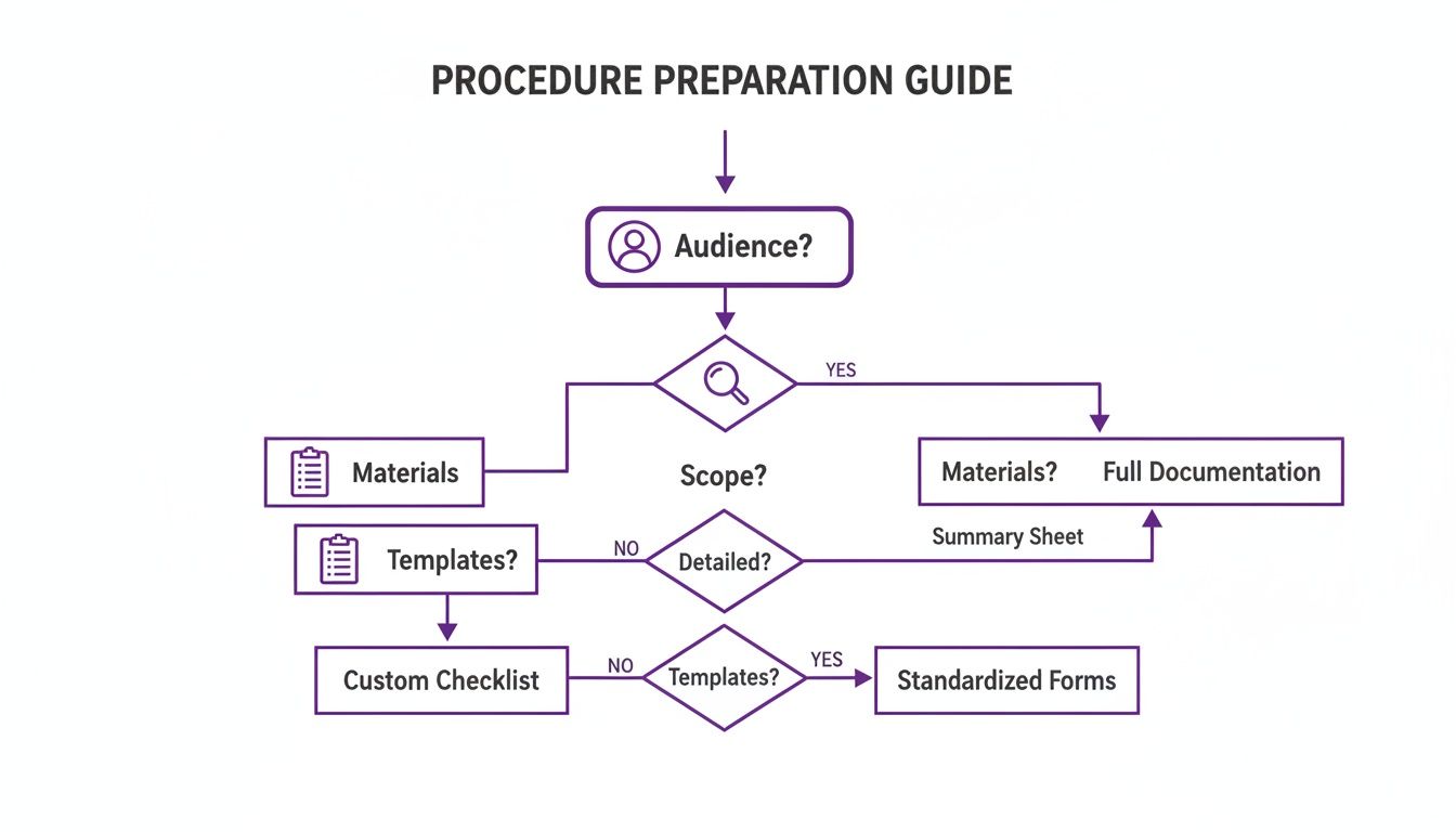 Flowchart illustrating a procedure preparation guide, outlining steps from audience to documentation types.