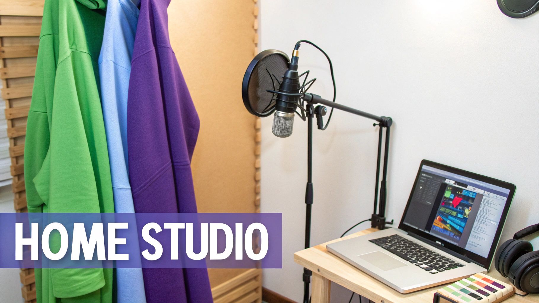 A professional microphone and pop filter set up in a home studio with a laptop and headphones.