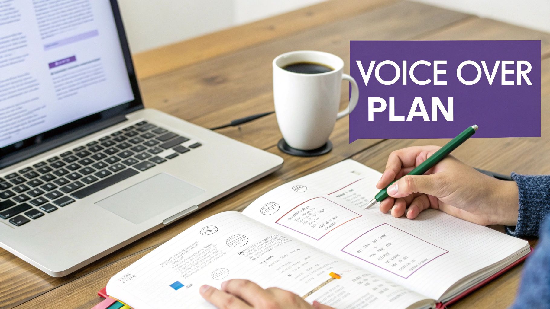 Person writing a voice over plan in a notebook at a wooden desk with a laptop and coffee.