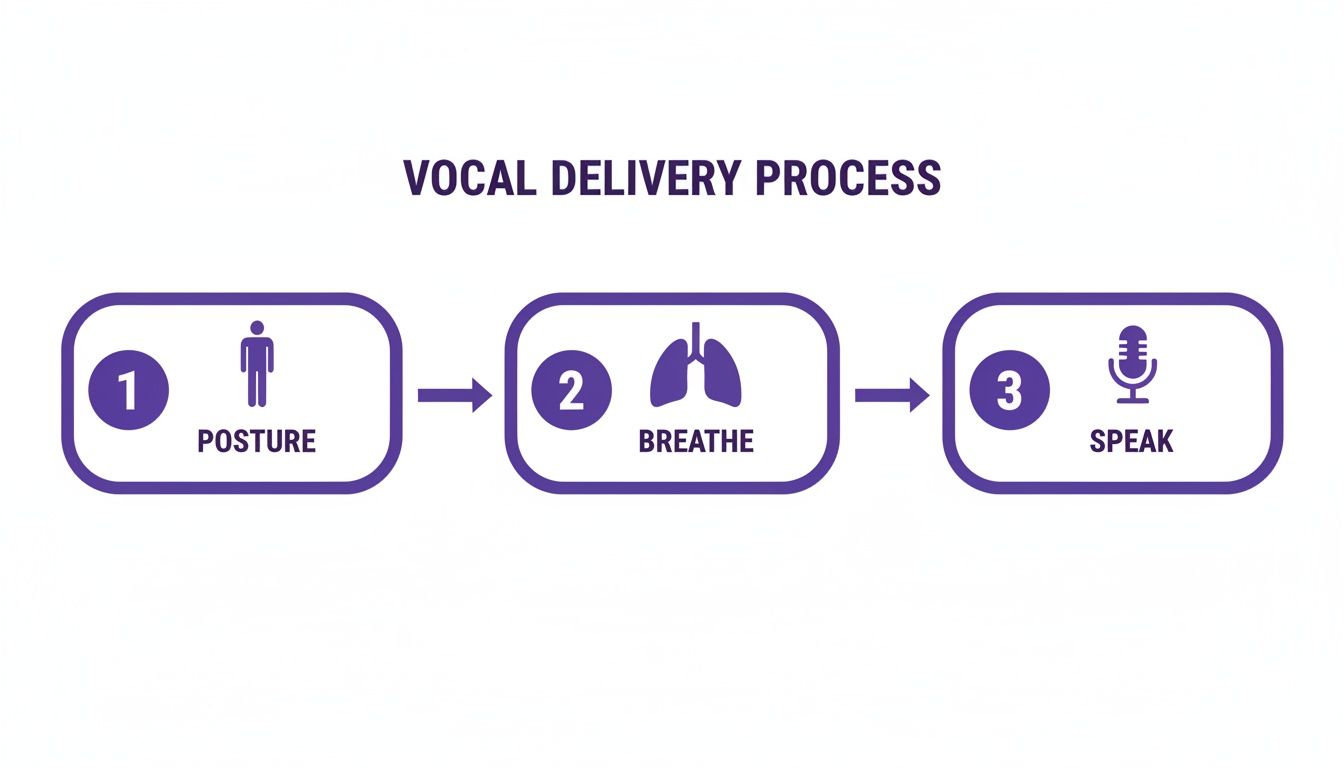 An infographic illustrating the vocal delivery process with three steps: 1. Posture, 2. Breathe, 3. Speak.