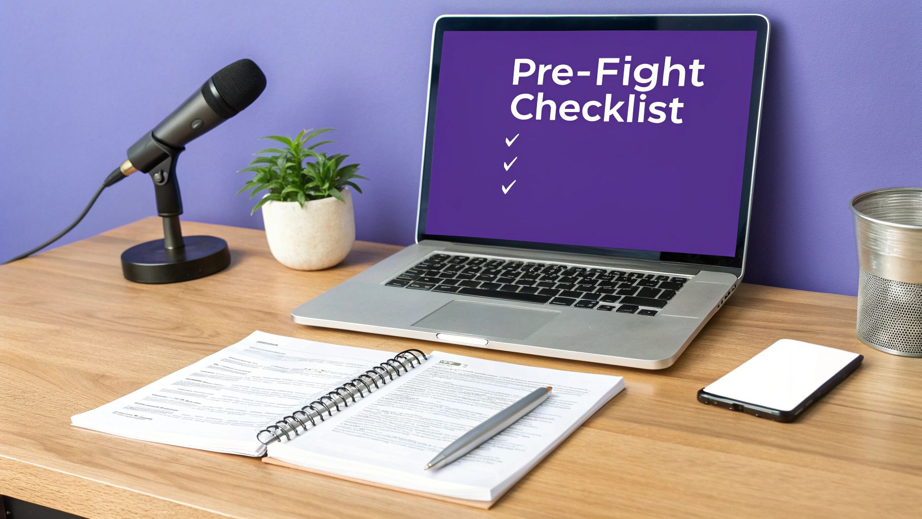A modern workspace with a laptop displaying a 'Pre-Fight Checklist', microphone, notebook, pen, and phone.