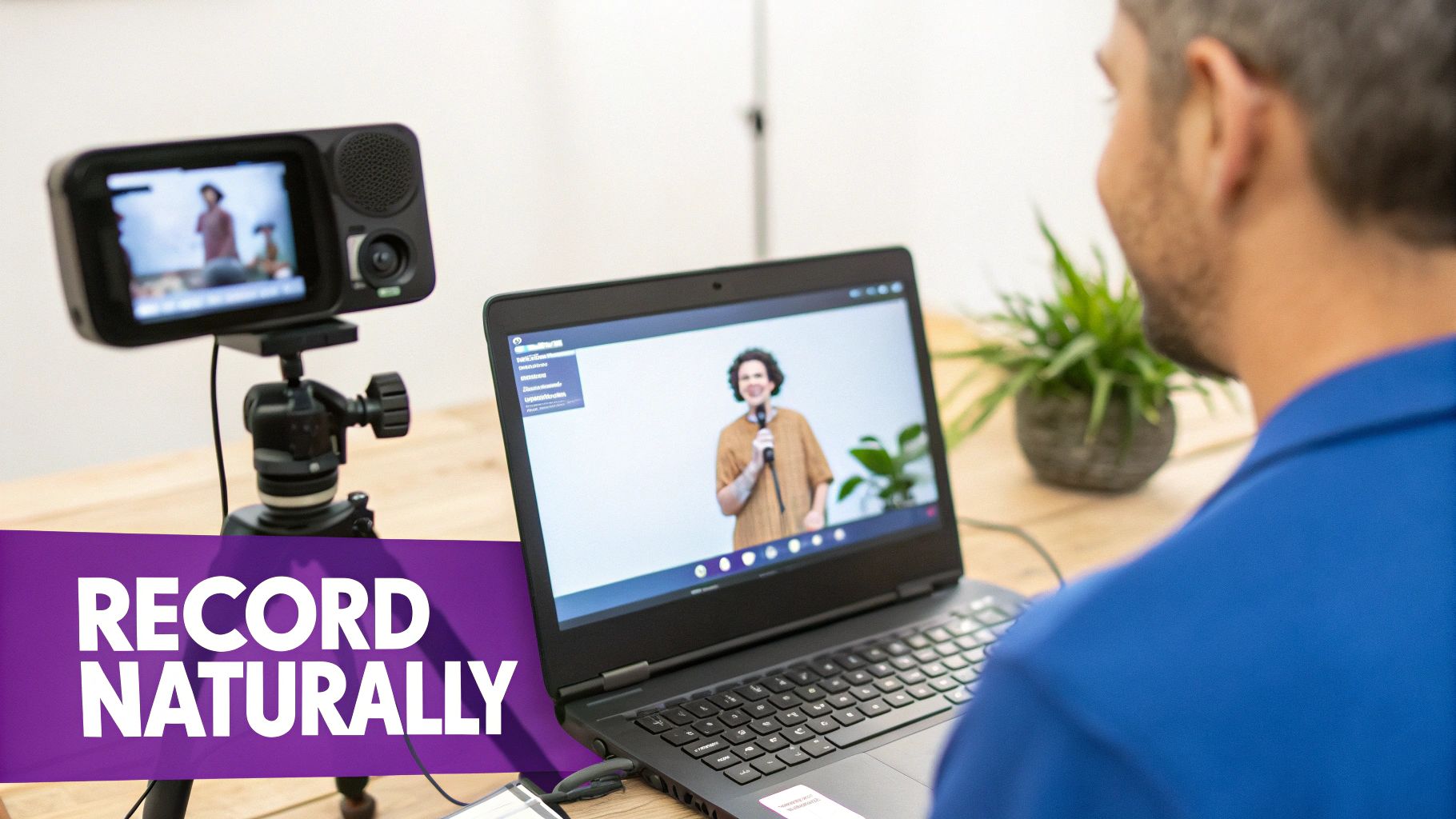 Person watches laptop with a speaker on screen, while a camera records, emphasizing natural video creation.