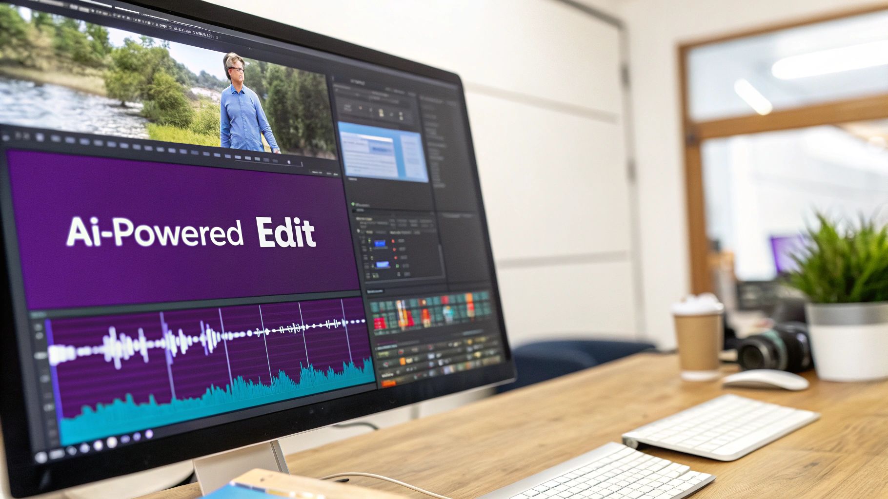 A close-up of a computer screen displaying video editing software with 'Ai-Powered Edit' text.