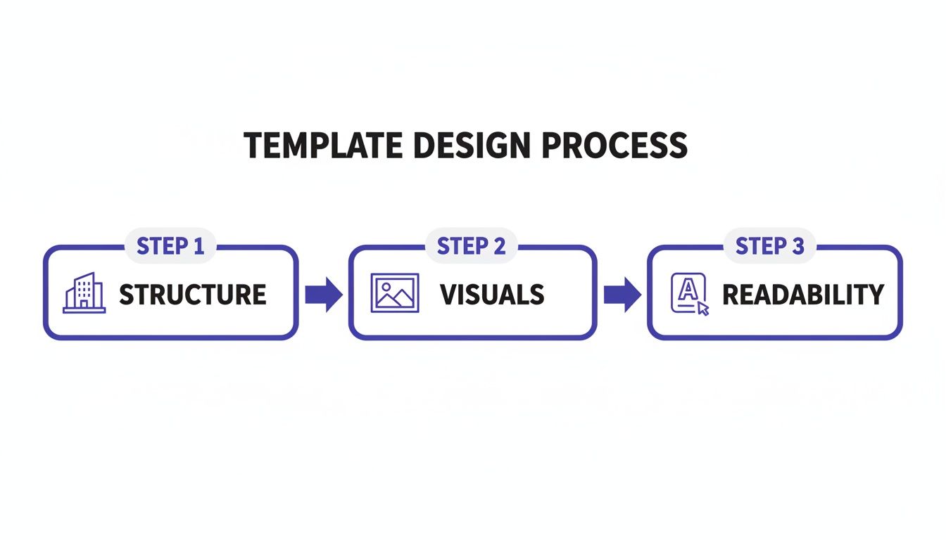 A three-step template design process with icons: structure, visuals, and readability.