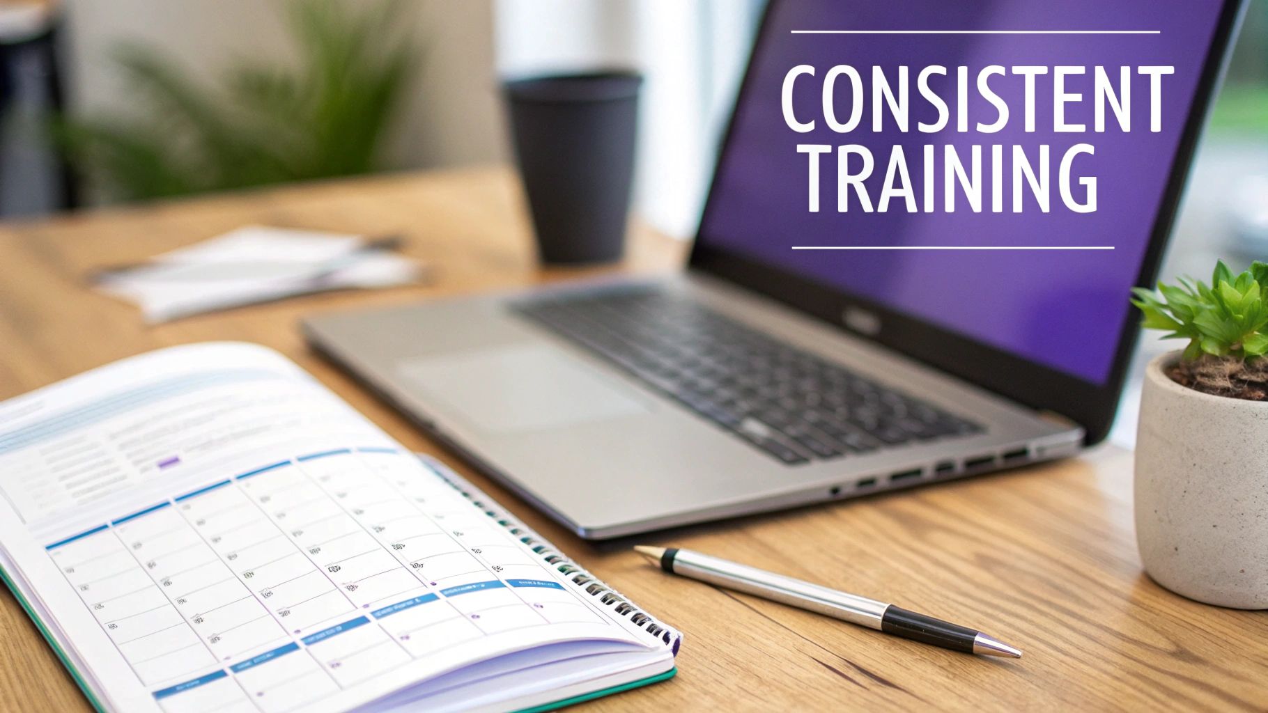 A laptop screen displays 'Consistent Training' on a wooden desk with an open planner and pen.