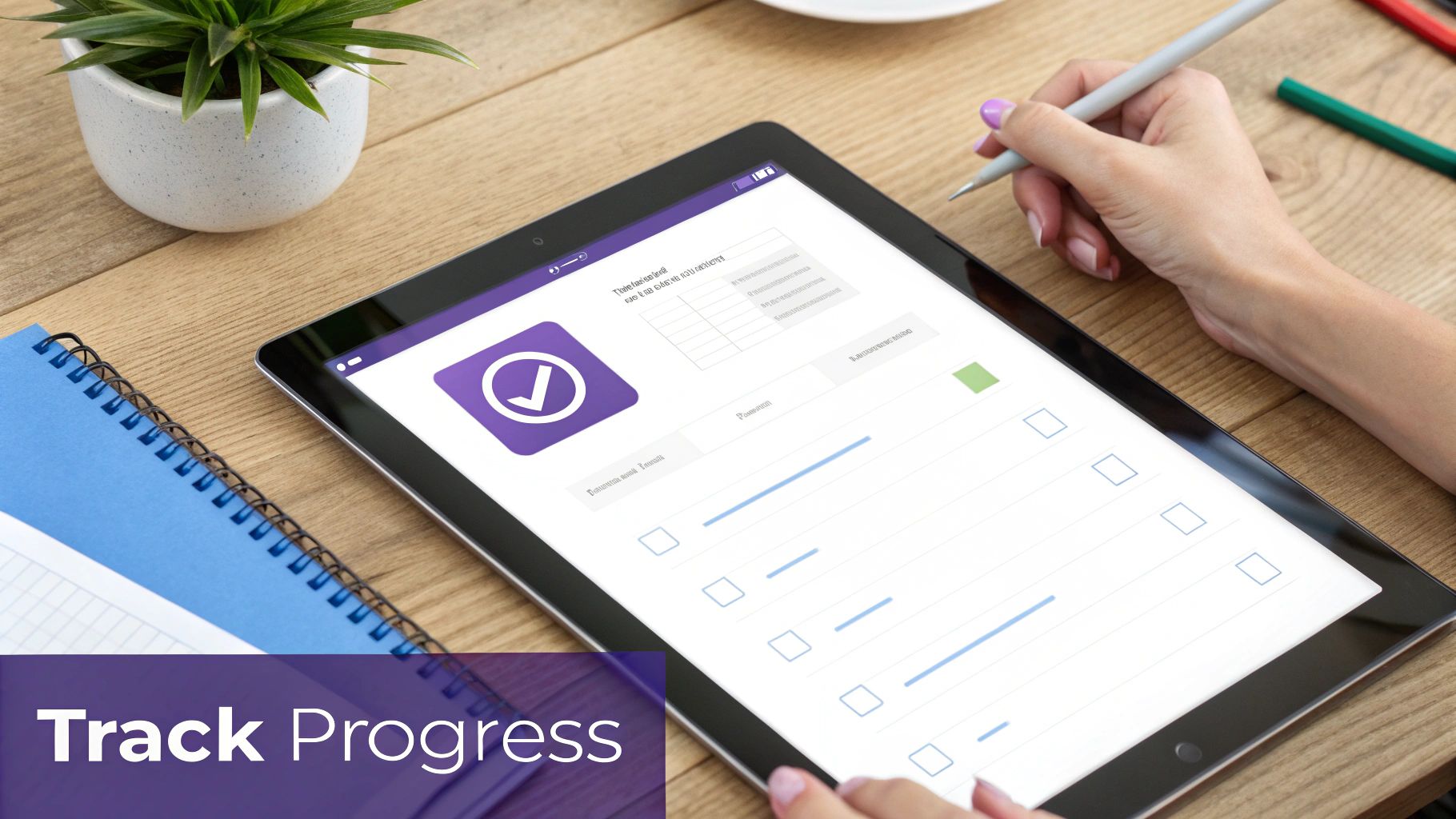 A hand uses a stylus on a tablet displaying a progress tracking app with a checklist.