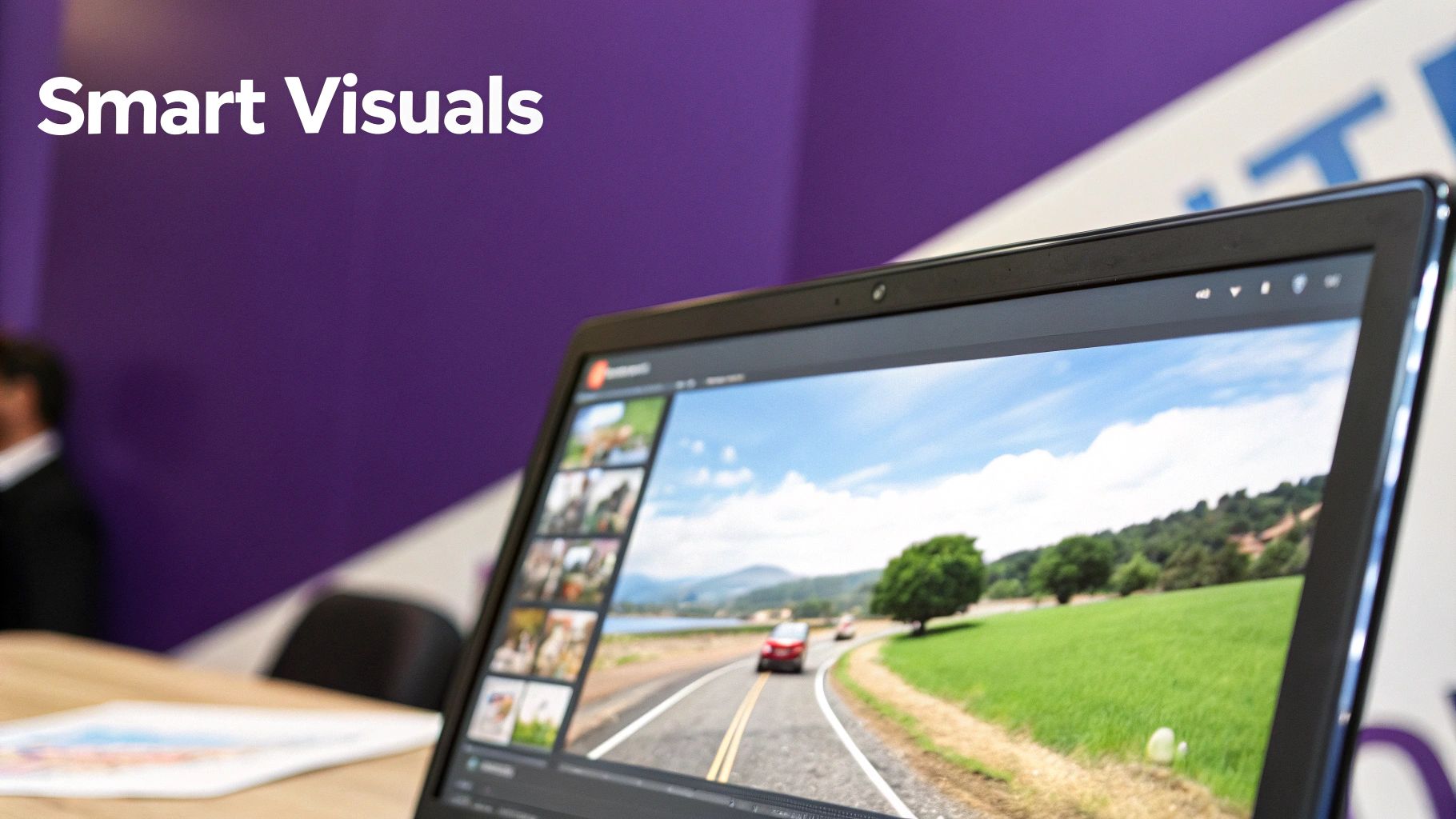 A laptop displays a photo of a scenic road with a car and green landscape. 'Smart Visuals' text is in the background.