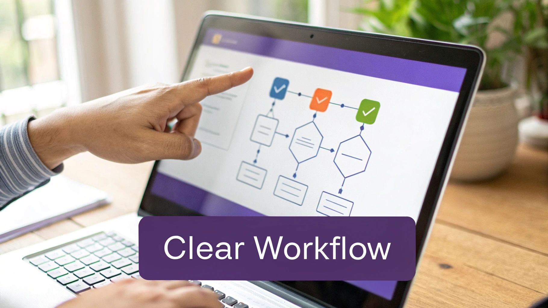 A person's hand points to a laptop screen displaying a clear workflow diagram with checkmarks.