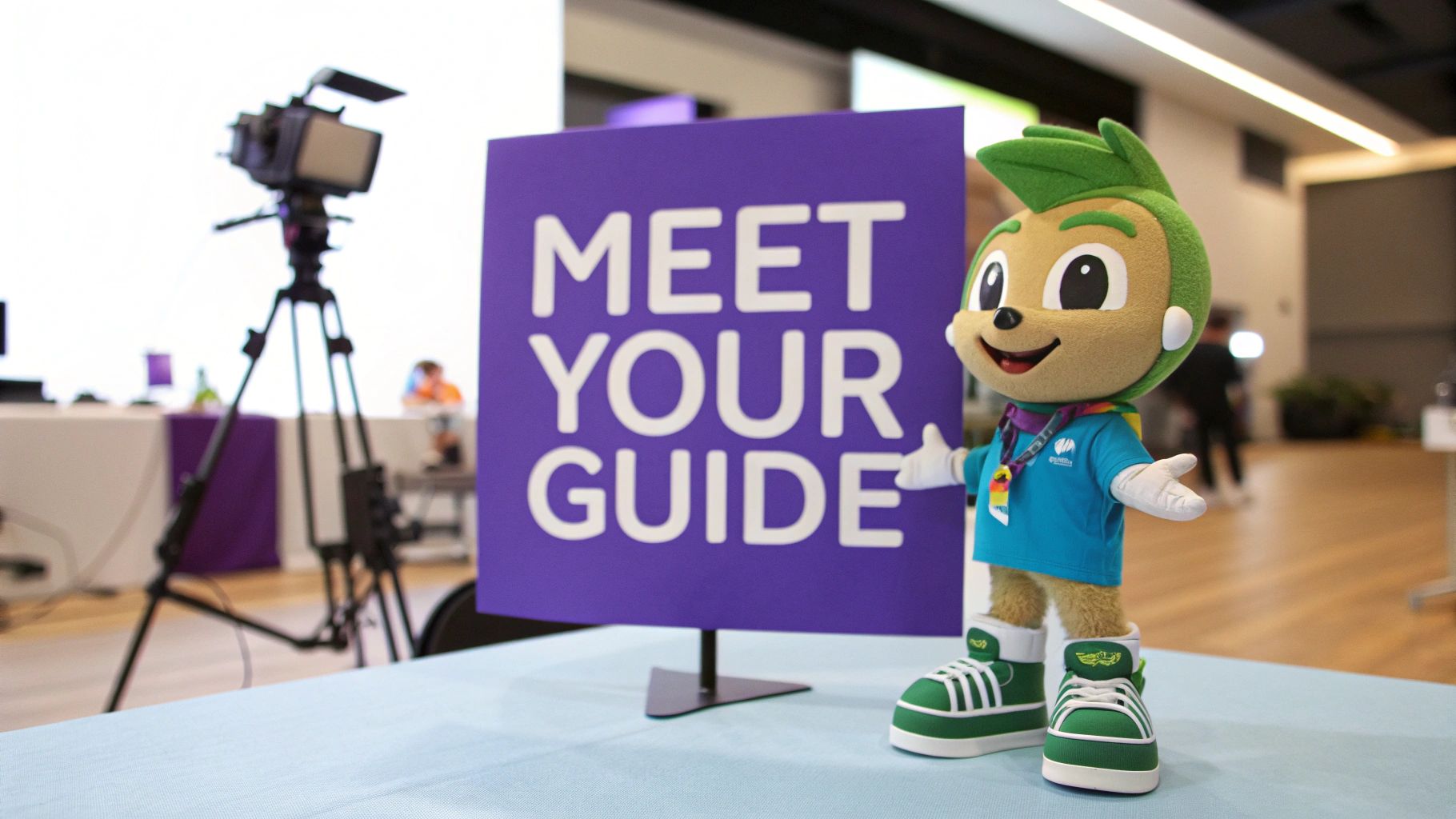 A mascot doll with green hair and a blue shirt stands next to a "MEET YOUR GUIDE" sign at an event.