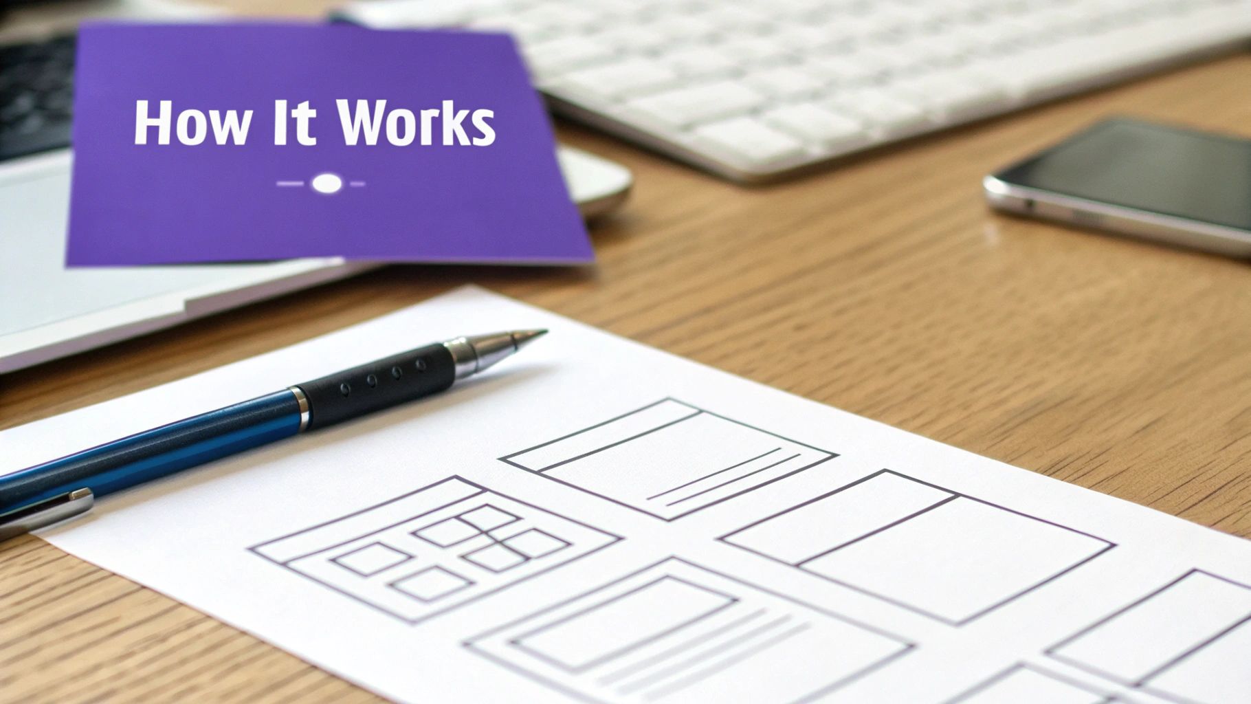 An overhead shot of a desk with a 'How It Works' card, pen, laptop, and wireframe sketches.