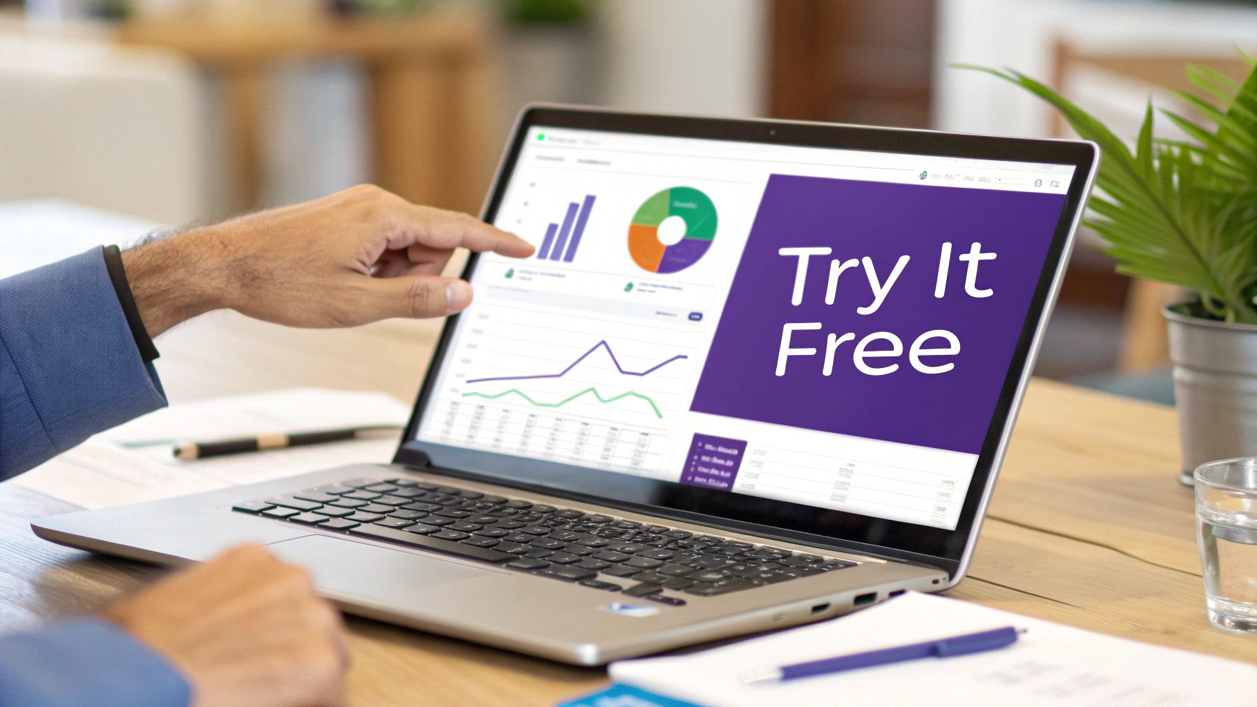 A close-up of a person's hands using a laptop with charts and a 'Try It Free' advertisement.