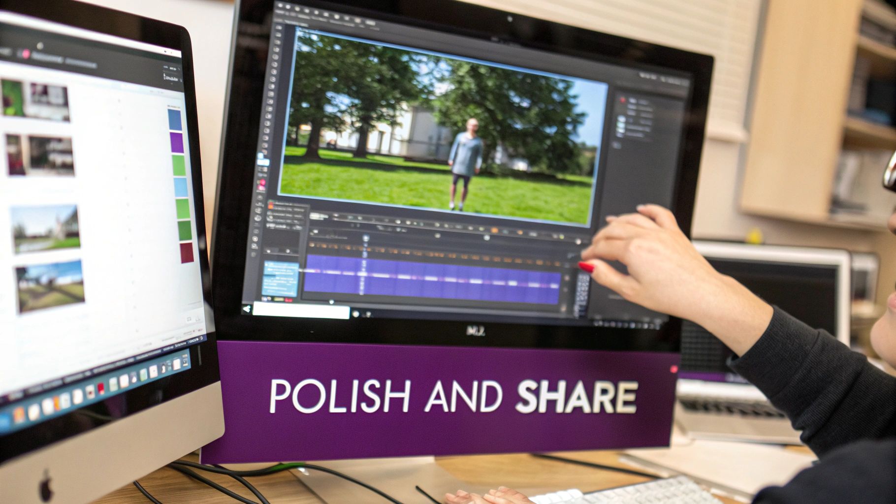 A person editing a video on two computer screens with a purple 'POLISH AND SHARE' banner.