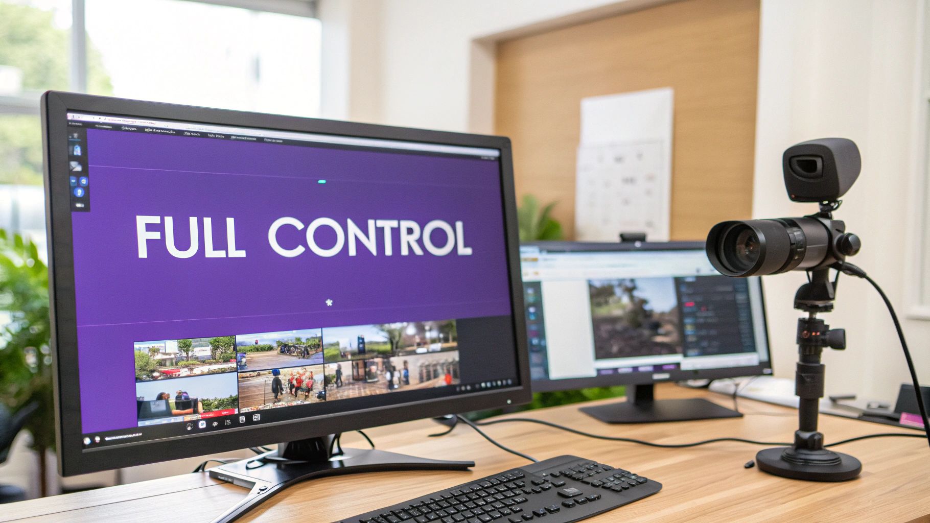 Professional video production workstation with dual monitors displaying content and a camera setup.