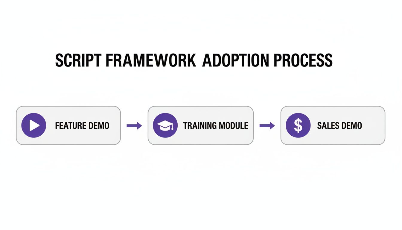 Diagram illustrating the script framework adoption process with steps: Feature Demo, Training Module, and Sales Demo.