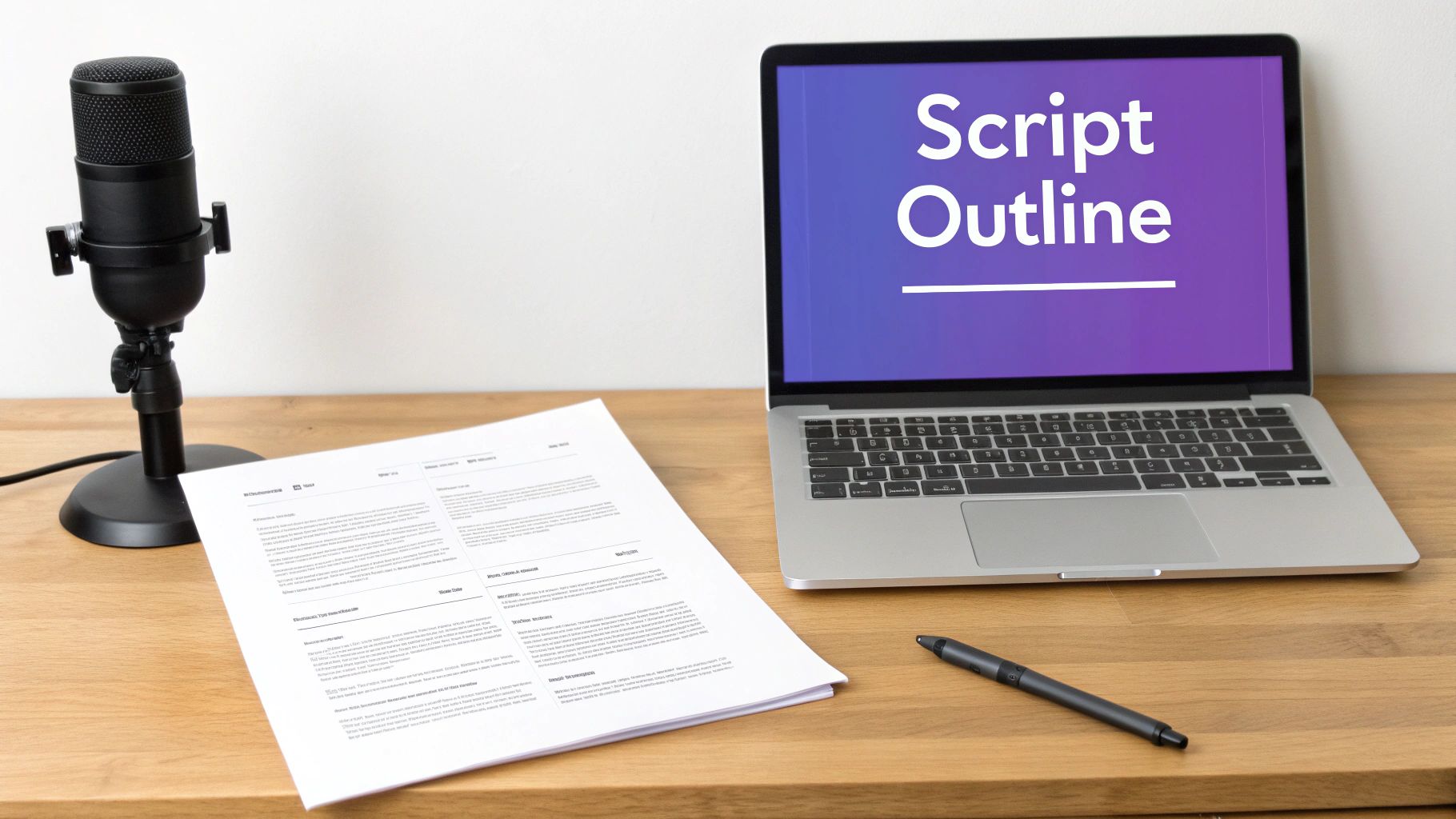 A desk with a microphone, a laptop displaying 'Script Outline', documents, and a pen.
