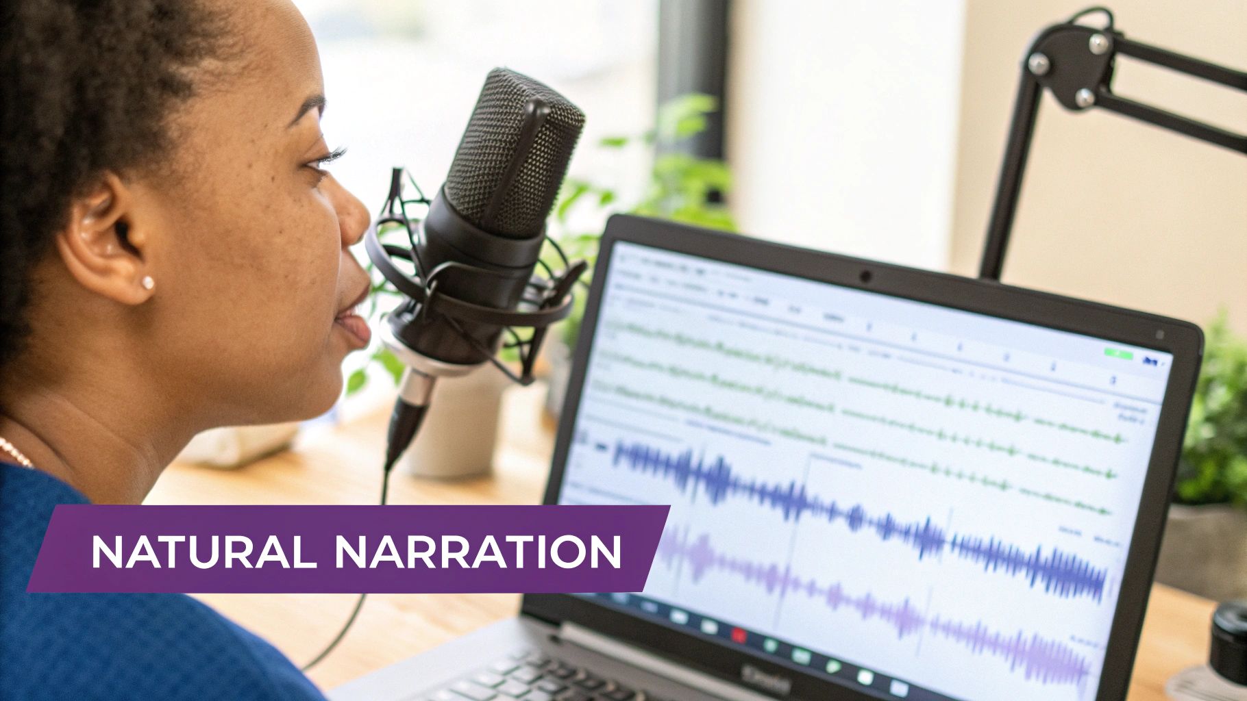 A woman recording a podcast or voiceover with a professional microphone and laptop showing audio waveforms.