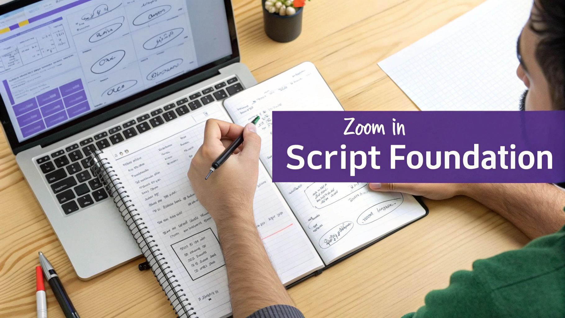 A person writes in a notebook beside a laptop, with a purple overlay reading 'Zoom in Script Foundation'.