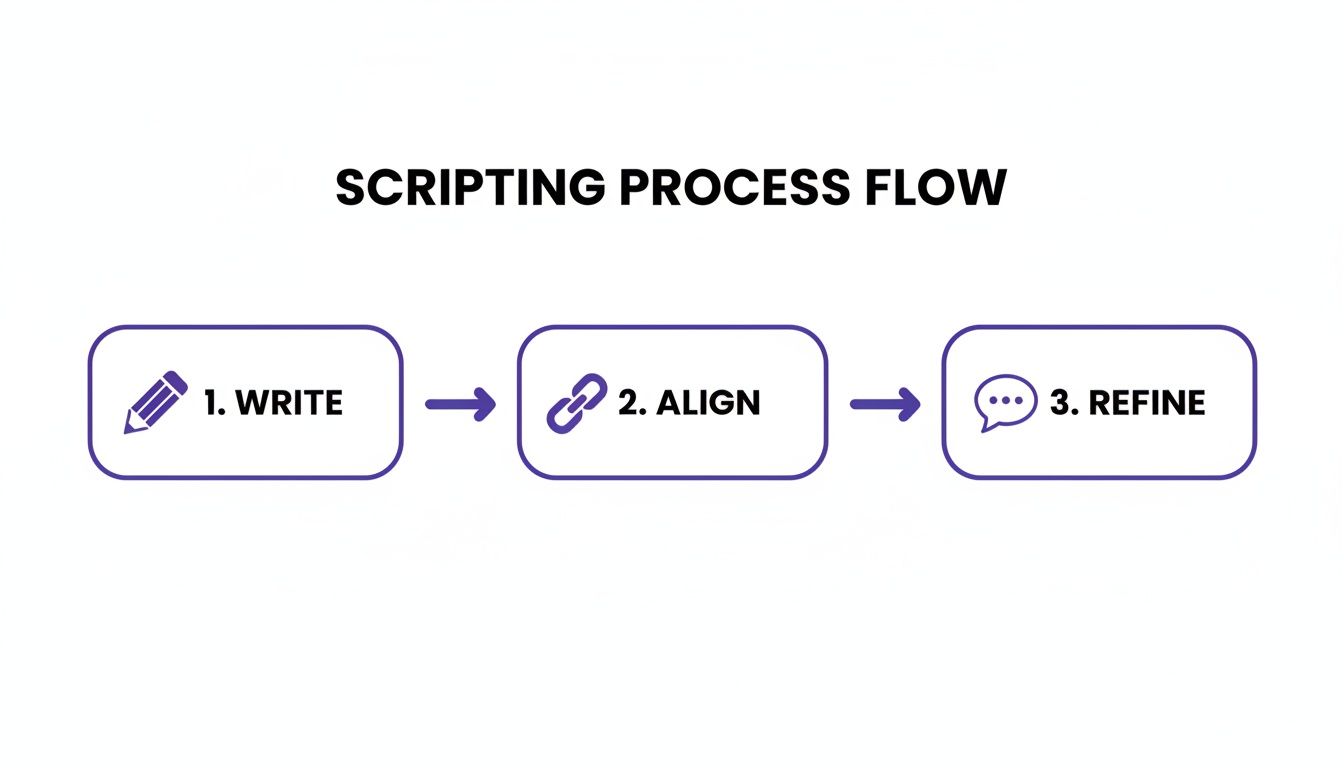 A 'Scripting Process Flow' diagram showing three sequential steps: Write, Align, and Refine, with illustrative icons and connecting arrows.