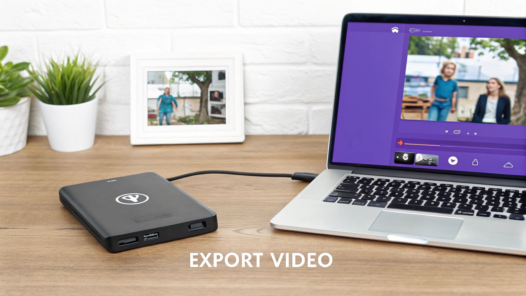 A black external hard drive connected to a laptop displaying video editing software, with plants in the background.