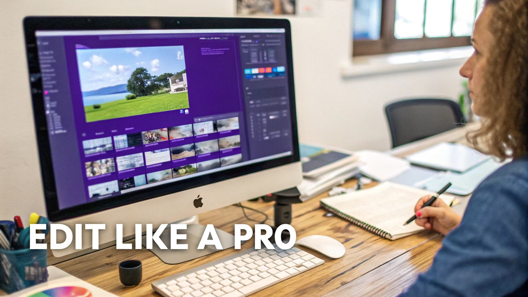 A person uses an iMac with photo editing software, displaying a landscape image, while writing in a notebook.