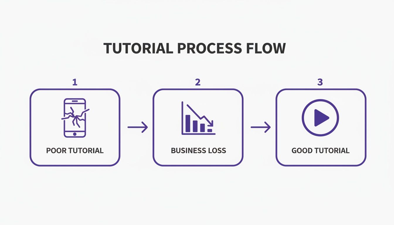 Tutorial process flow diagram illustrating how poor tutorials lead to business loss, contrasted with good tutorials.