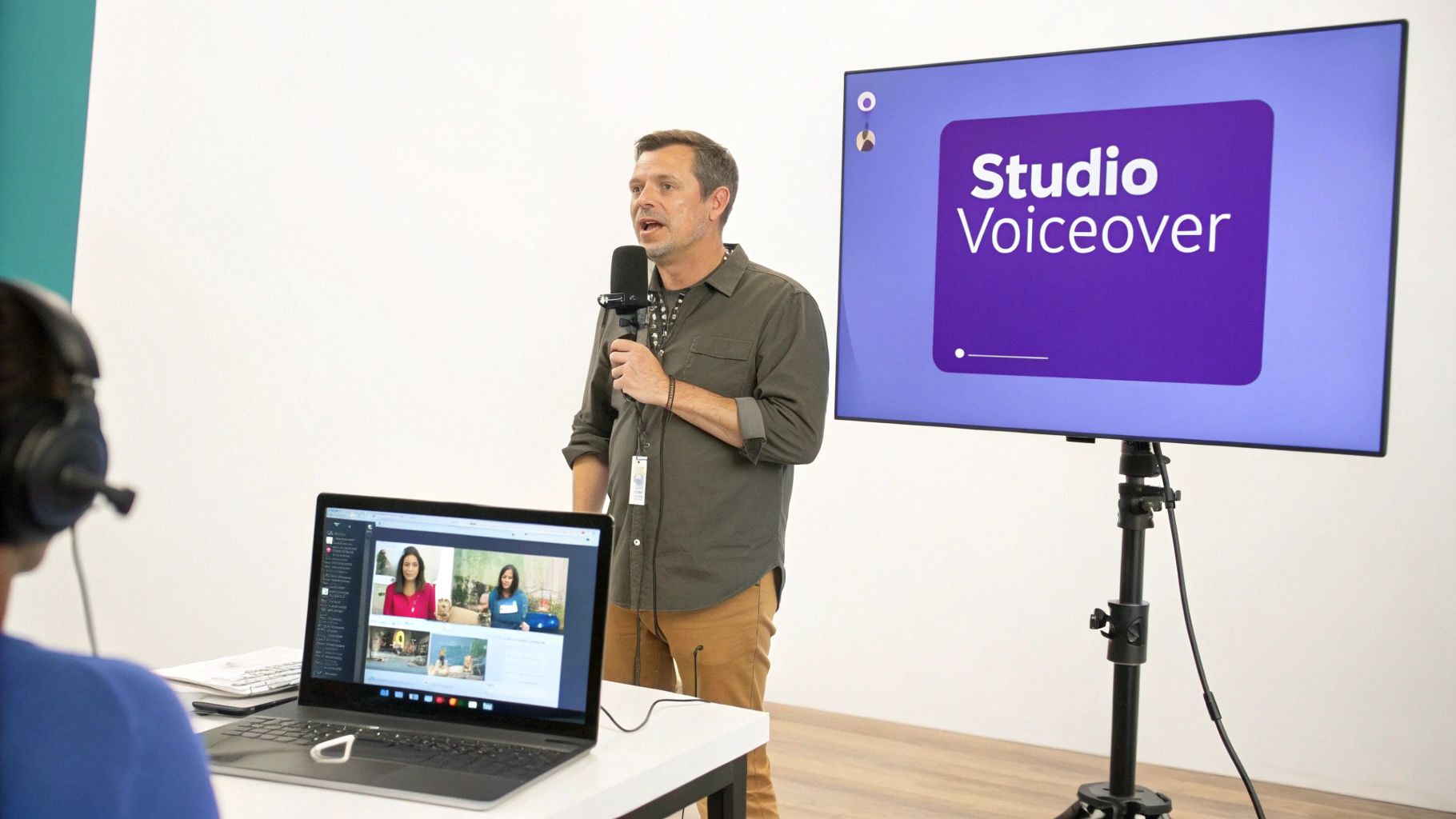 A man speaks into a microphone, presenting next to a large "Studio Voiceover" screen and a laptop.