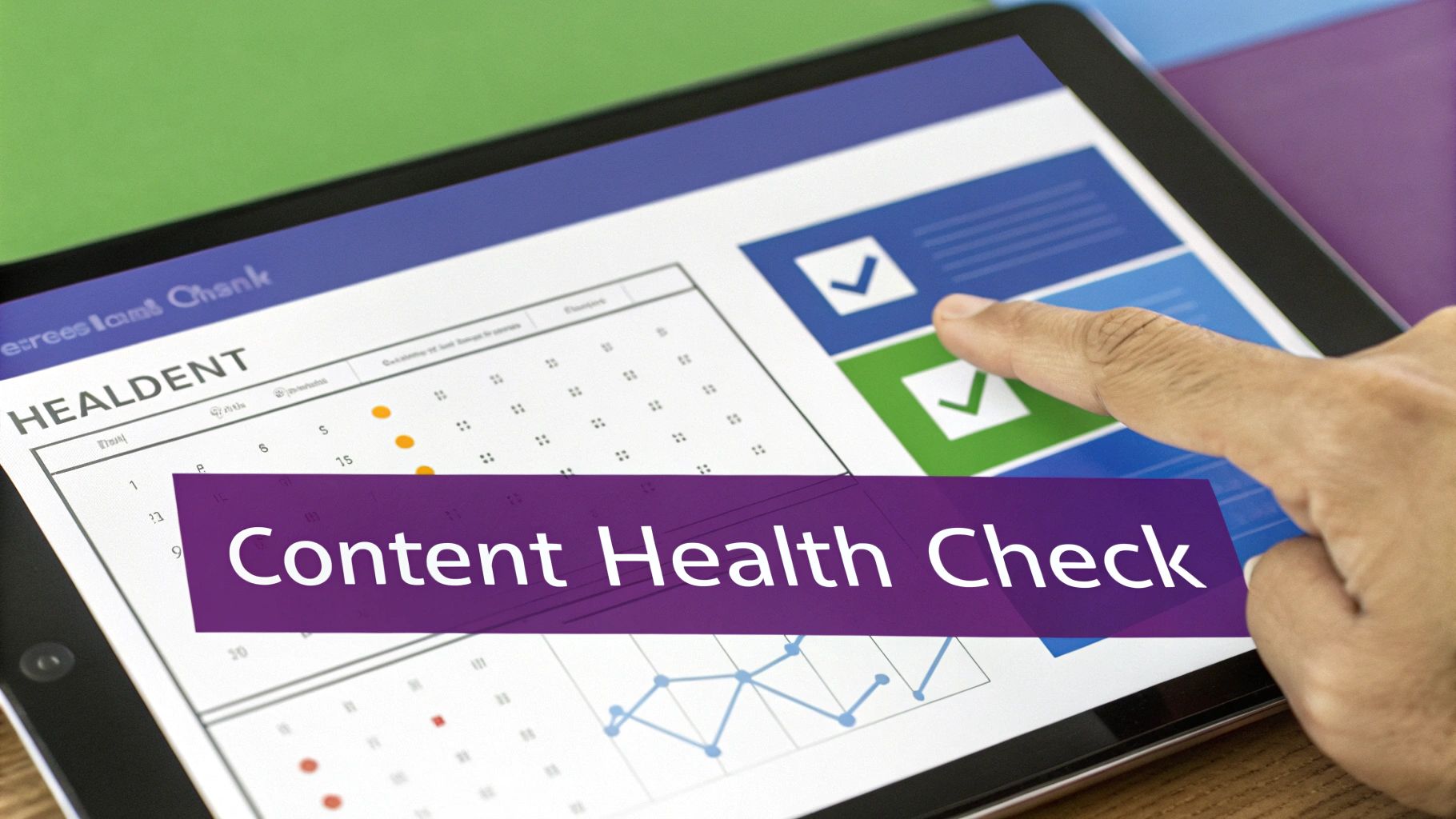 A hand interacts with a tablet showing a "Content Health Check" overlay, displaying a calendar, charts, and checkmarks.