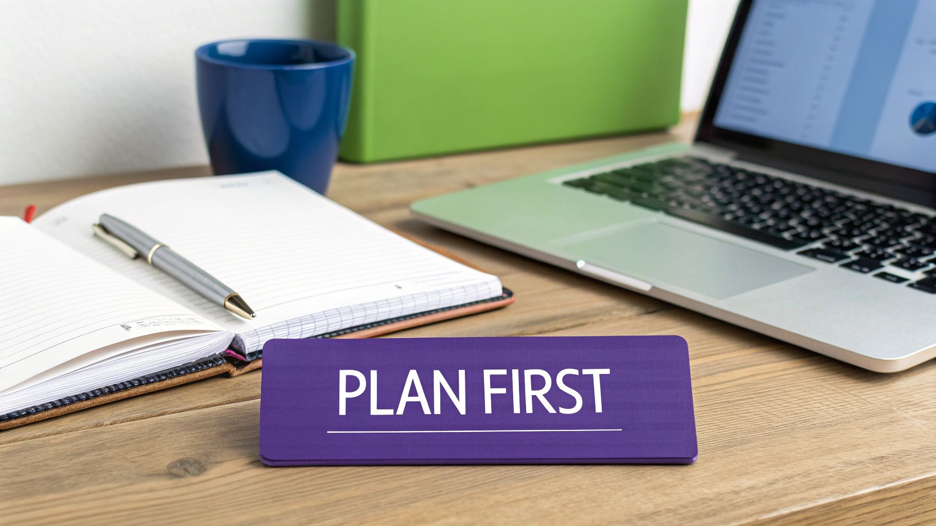 A wooden desk with a laptop, open notebook, pen, and a purple sign saying 'PLAN FIRST'.