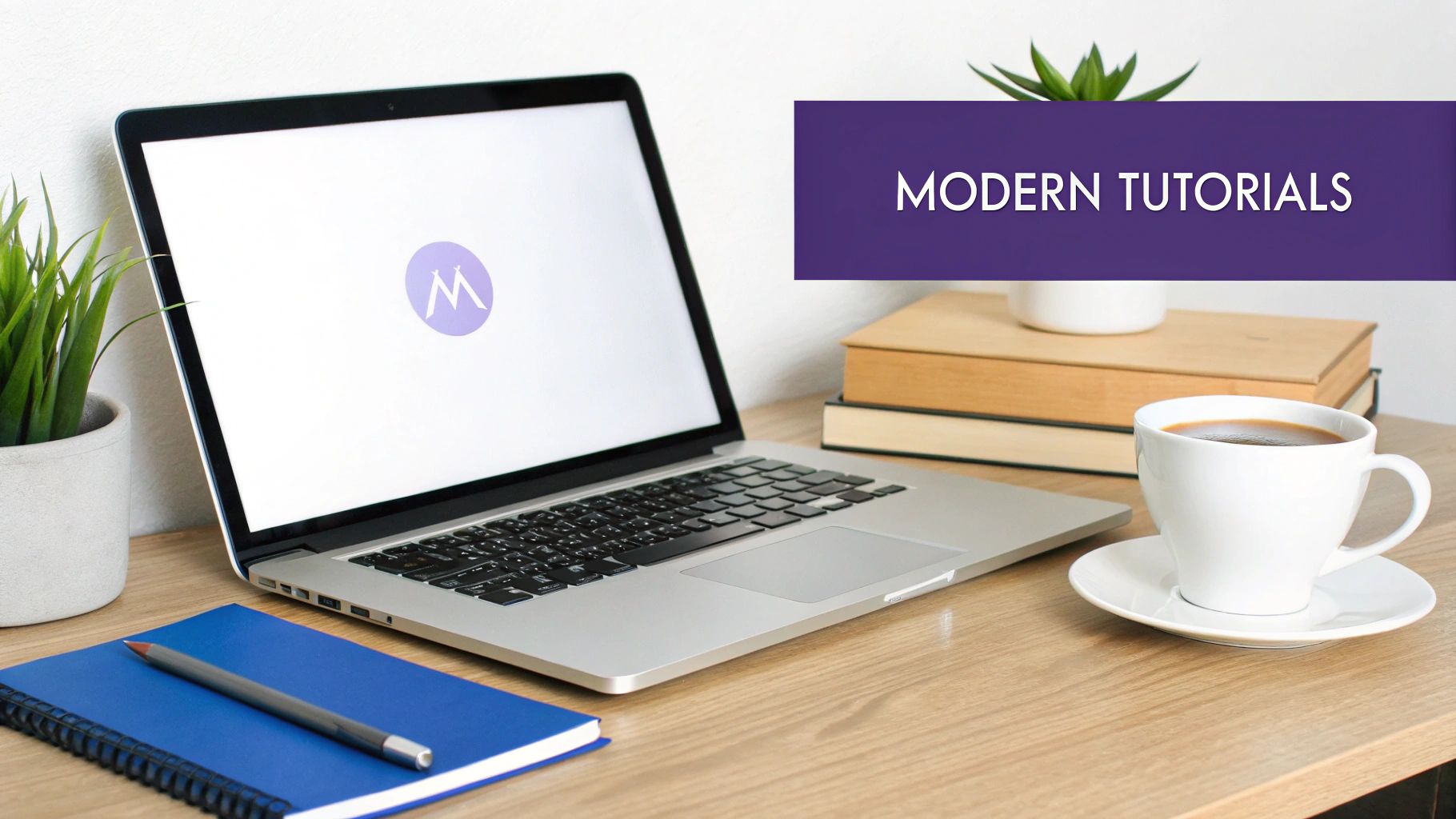 A modern workspace with a laptop, plant, blue notebook, books, and coffee cup, featuring 'MODERN TUTORIALS' text.