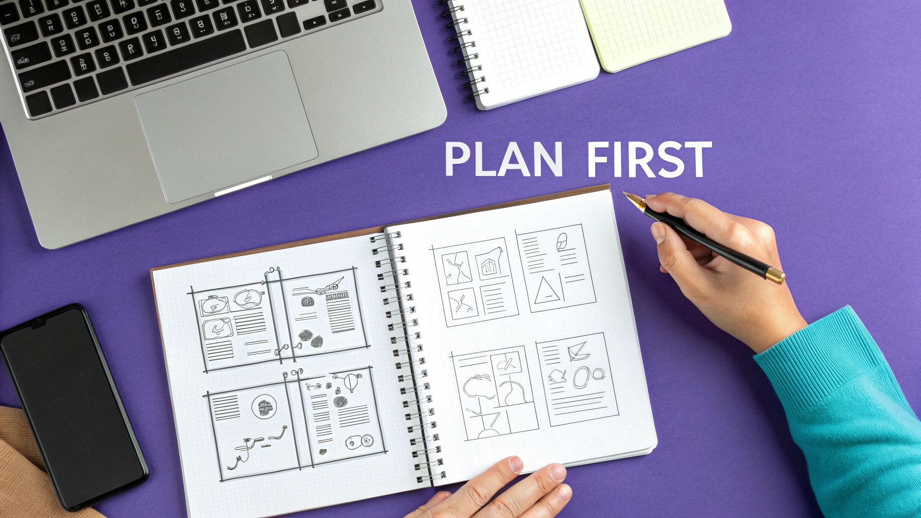 Hands planning in a sketchbook with creative diagrams, laptop, and phone on a purple desk.