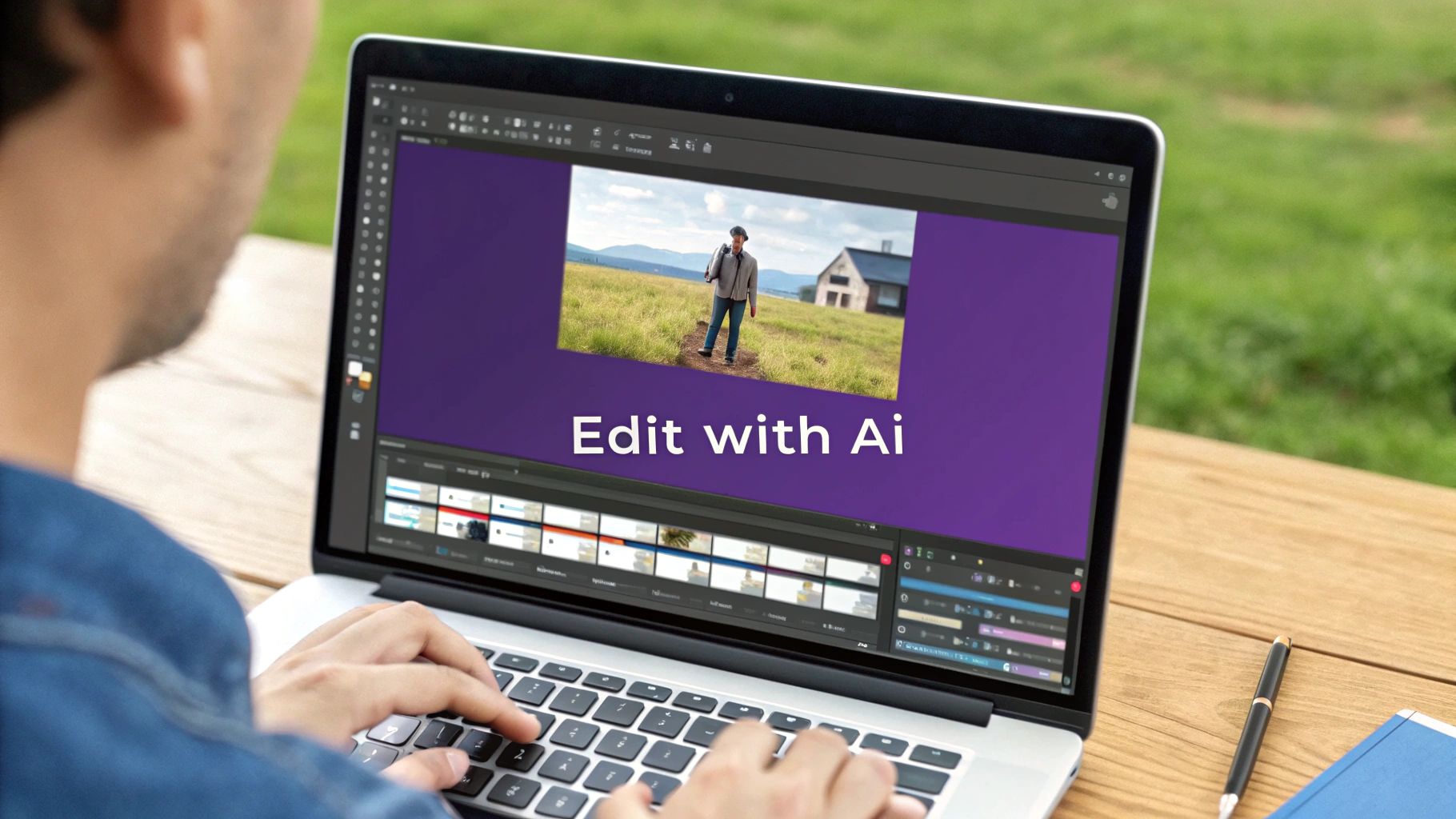 Person editing a video with AI on a laptop, showing a man in a field.