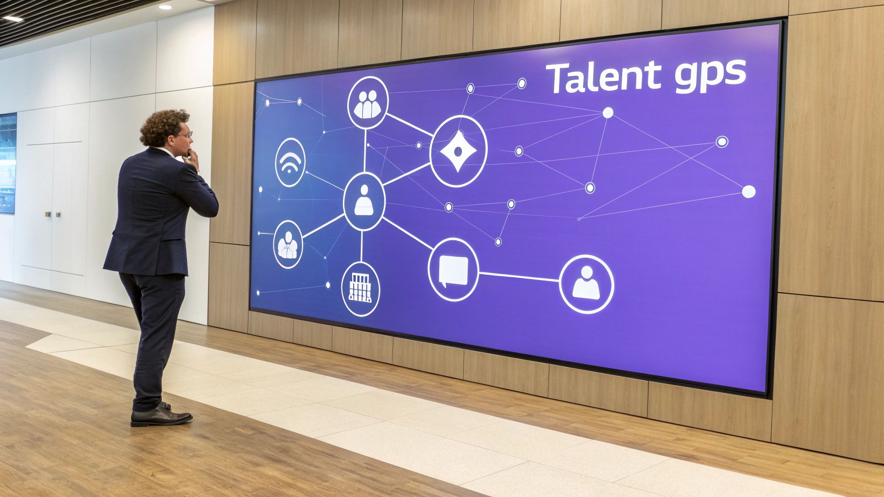 A man in a suit stands, contemplating a large digital display showing a 'Talent gps' network.