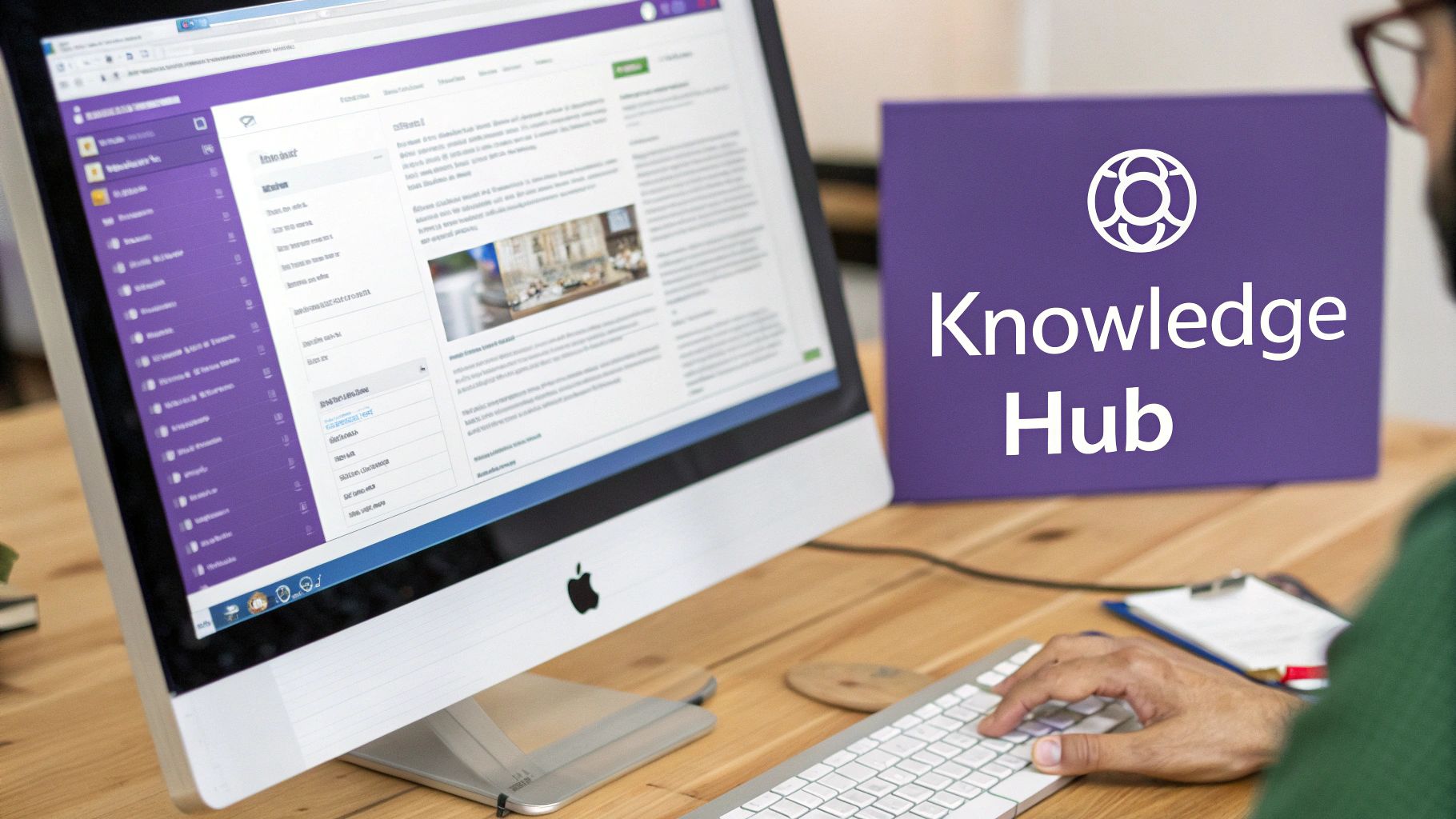 Person typing on a keyboard, looking at a computer screen displaying a purple knowledge hub interface.