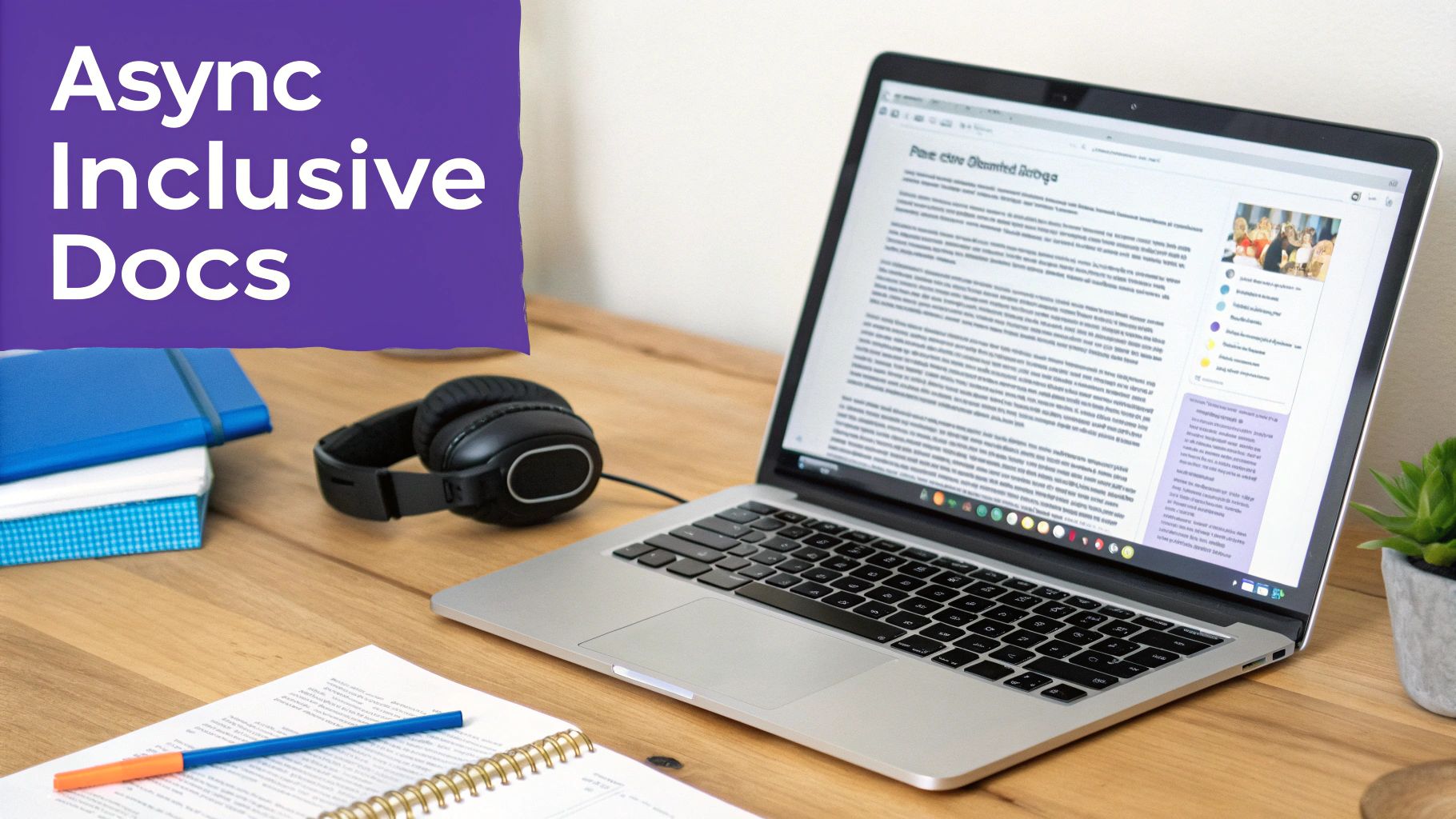 A laptop displaying an 'Async Inclusive Docs' document, with headphones, notebooks, and a pen on a desk.