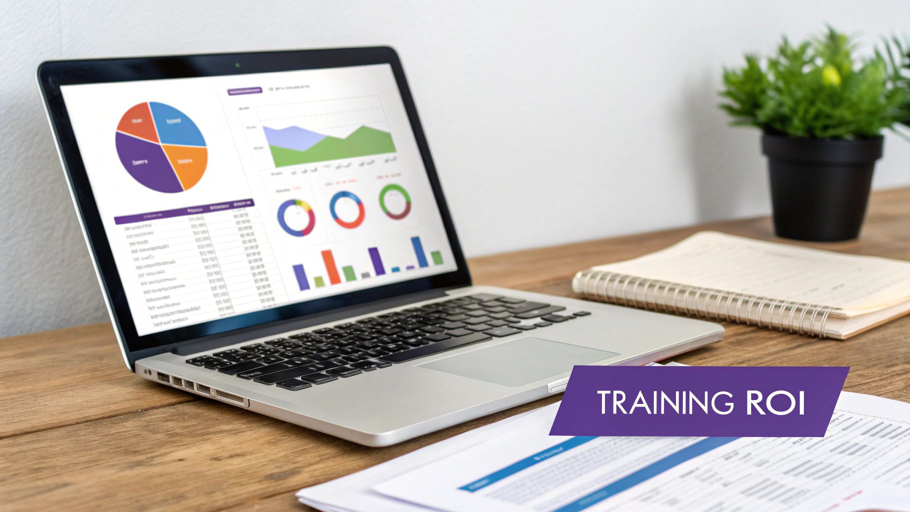 Laptop displaying performance charts and data, with financial documents and 'TRAINING ROI' banner on a wooden desk.