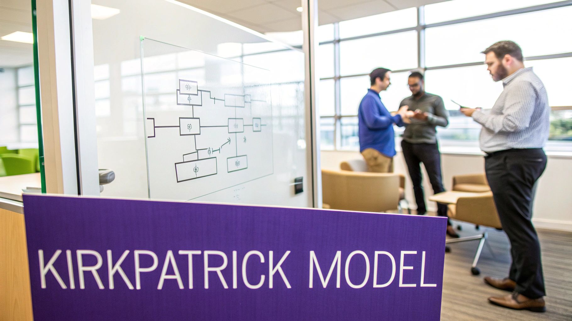 Purple 'KIRKPATRICK MODEL' sign in a modern office with a flowchart and three men talking.
