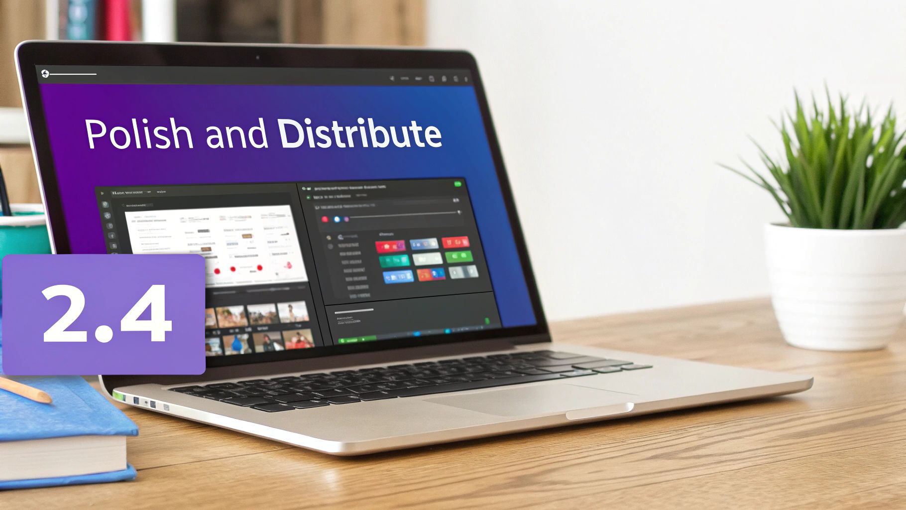 A sleek laptop displaying "Polish and Distribute" and software version 2.4 on a wooden desk.