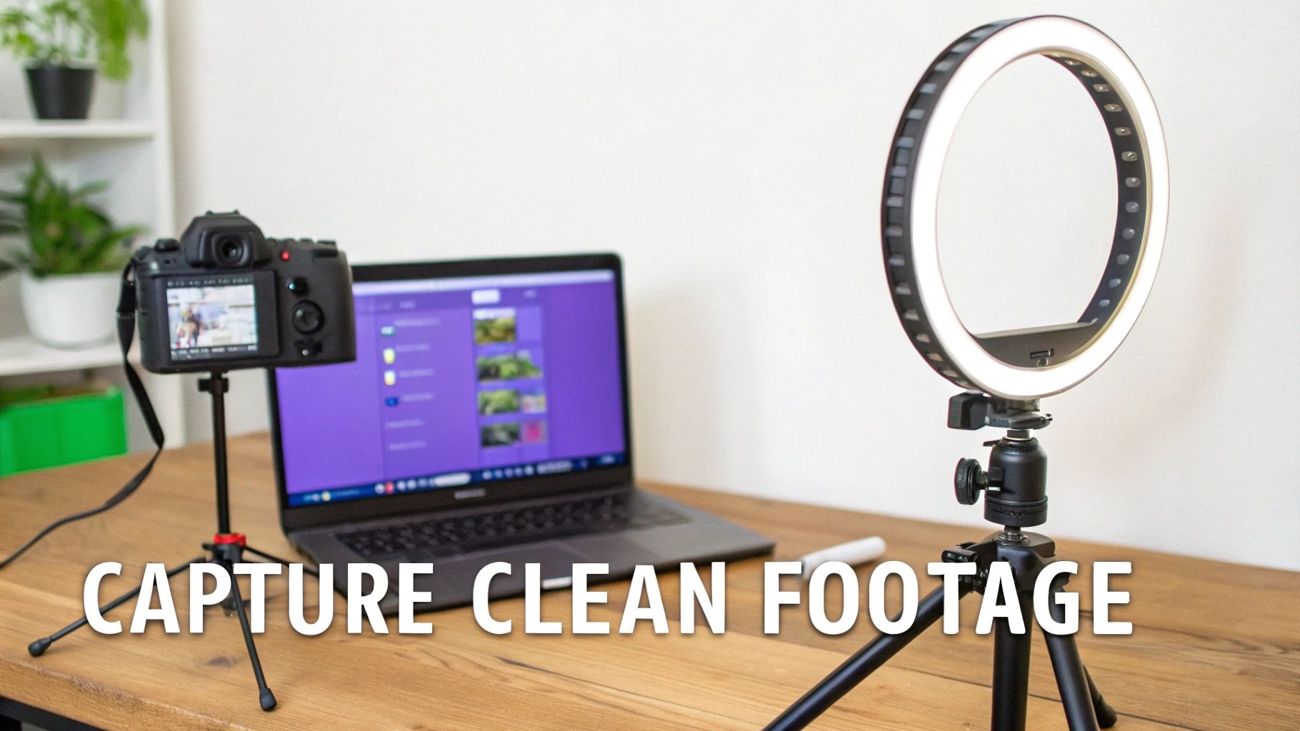 Video production setup featuring a camera, laptop, and ring light on a desk for capturing clean footage.