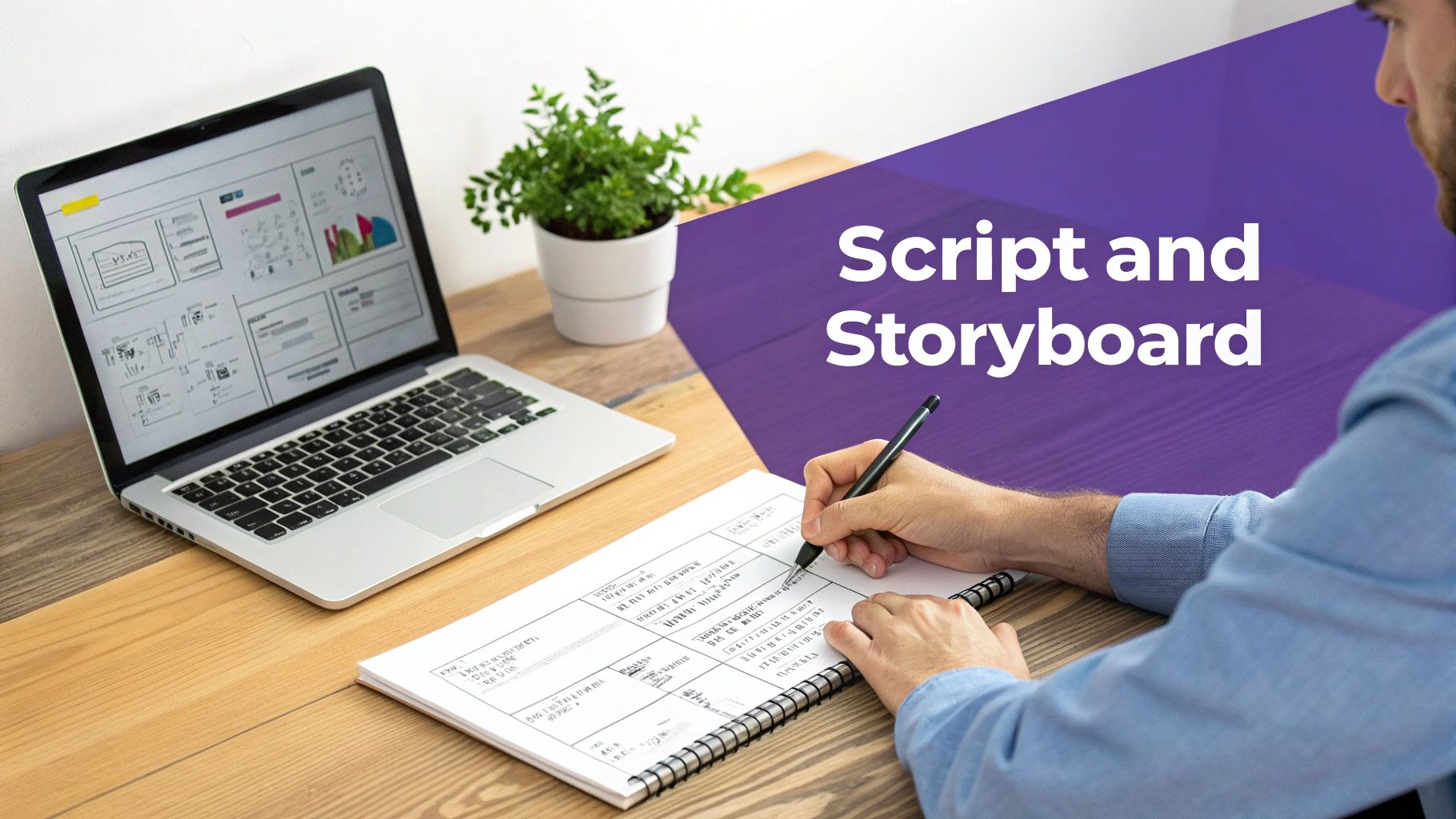 A person's hands writing on a script or storyboard notebook, with a laptop displaying designs, next to text 'Script and Storyboard'.