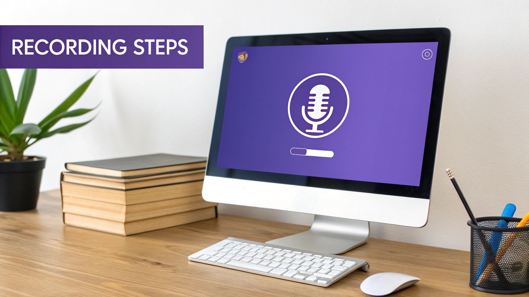 A computer monitor displays a microphone icon and a progress bar, illustrating recording steps.