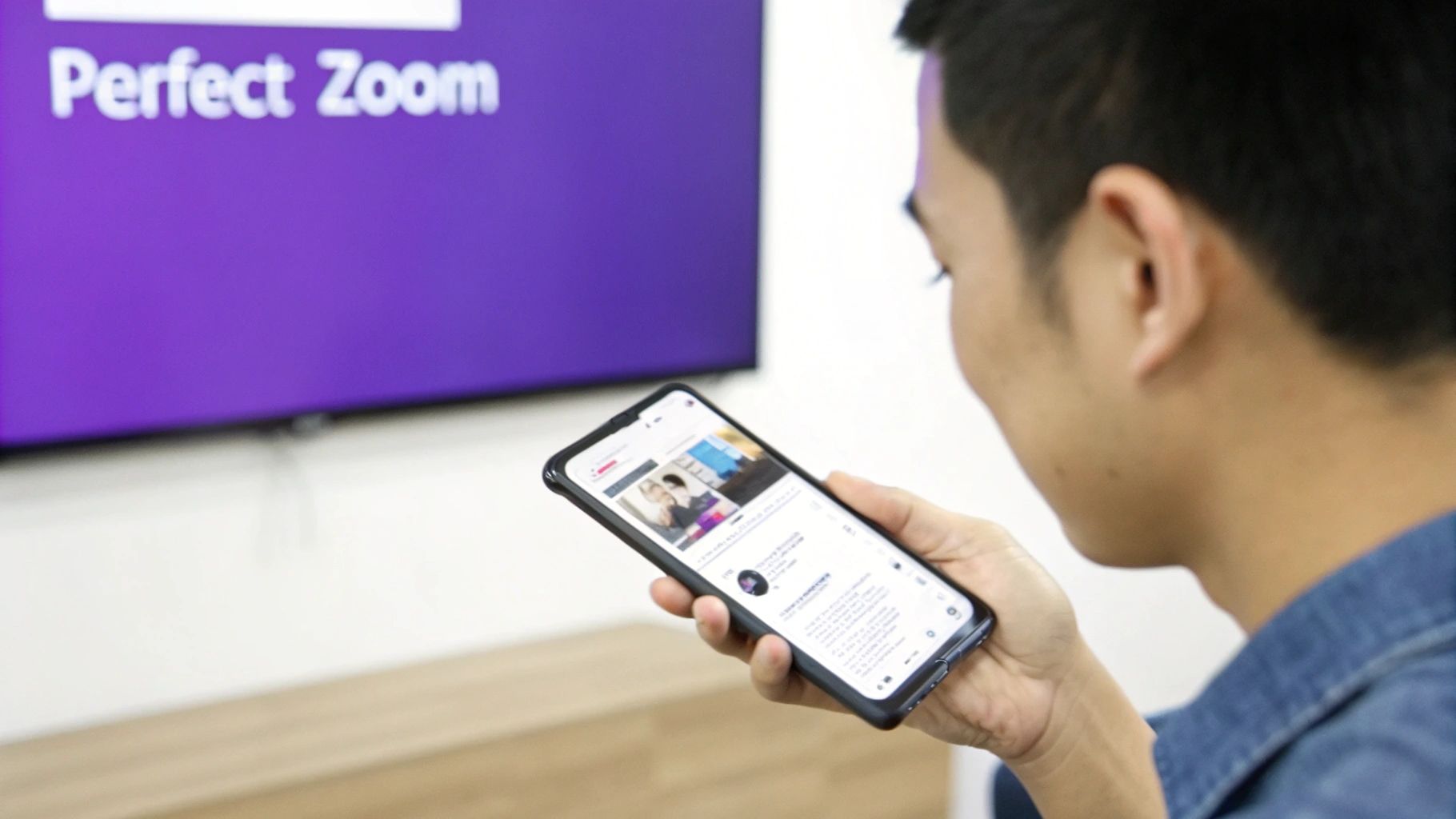 A person holds a smartphone, looking at its screen, with a TV displaying "Perfect Zoom" in the background.