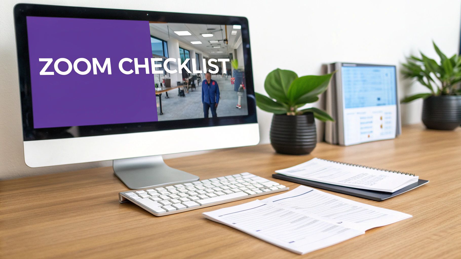 A desktop setup featuring a computer monitor displaying 'ZOOM CHECKLIST', with a keyboard, plants, and documents on a wooden desk.