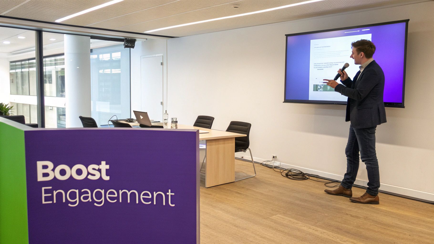 A man speaks into a microphone, presenting slides on a large screen in a modern meeting room, with a "Boost Engagement" sign nearby.
